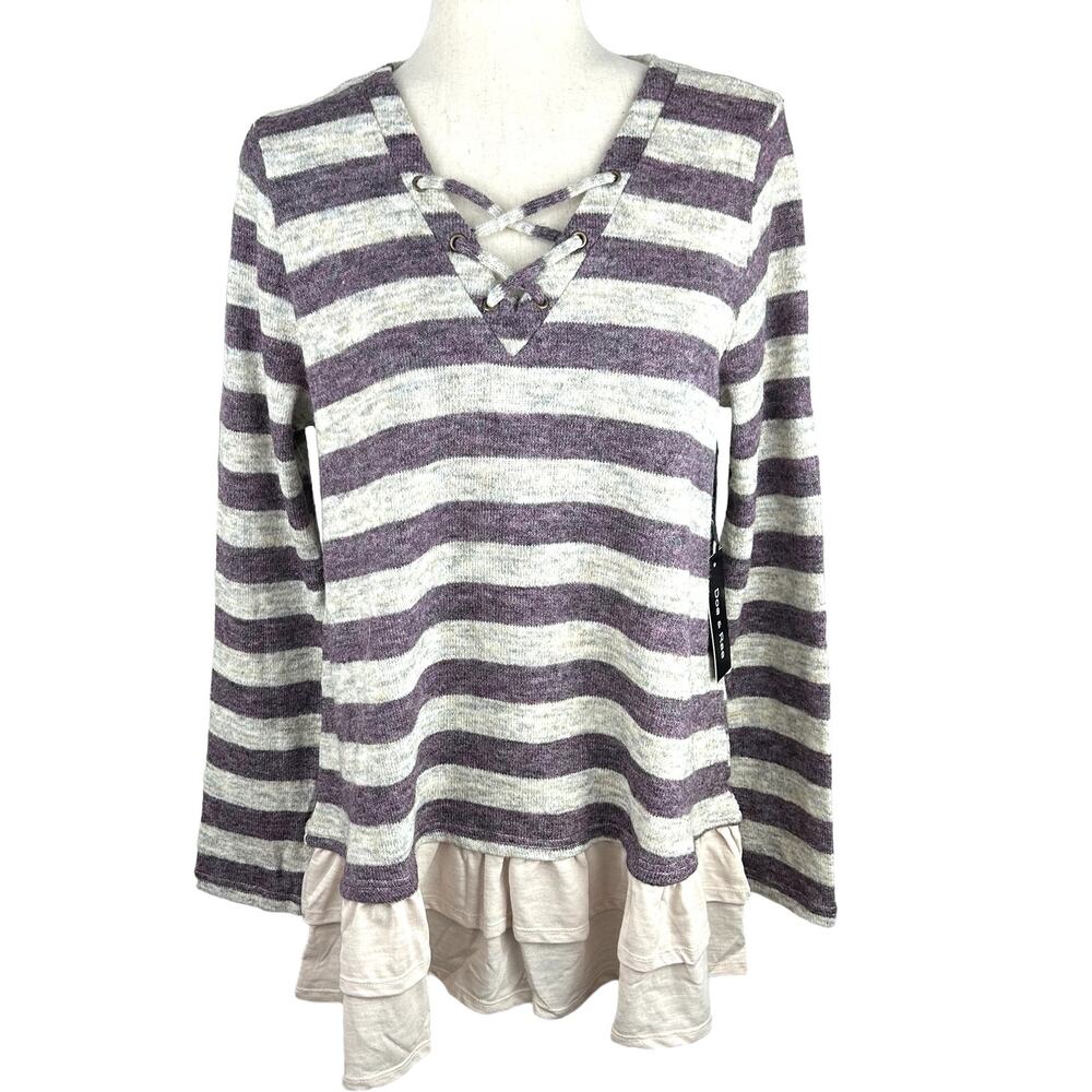 NEW Doe & Rae Lavender and Cream Striped Sweater Ruffle Hem Lace Neck Size M